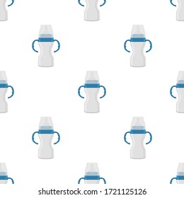 Ilustración sobre el kit de color tema leche para bebé en una botella transparente con un pacificador de goma. Botella de leche de bebé que consiste en recolección para recién nacidos, buen pacificador. Pacificador en botellas de leche, equipo de cuidado de bebé.