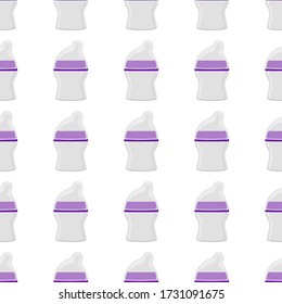 Illustration on theme colored kit baby milk in clear bottle with rubber pacifier. Baby milk bottle consisting of collection to newborn, good pacifier. Pacifier in milk bottle it baby care equipment.