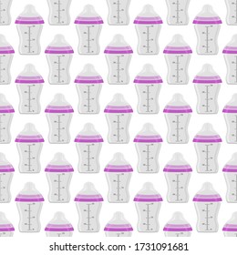 Ilustración sobre el kit de color temático leche para bebé en botella transparente con un pacificador de goma. Botella de leche de bebé que consiste en recolección para recién nacidos, buen pacificador. Pacificador en botellas de leche, equipo de cuidado de bebés.