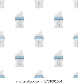Illustration auf thematisch gefärbte Babymilch in Klarflasche mit Gummi Pazifik. Milchflasche für Säuglinge, bestehend aus der Sammlung an Neugeborene, guter Pazifer. Pazifikator in Milchflasche es Babypflegegerät.