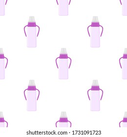 Illustration auf thematisch gefärbte Babymilch in Klarflasche mit Gummi Pazifik. Milchflasche für Säuglinge, bestehend aus der Sammlung an Neugeborene, guter Pazifer. Pazifikator in Milchflasche es Babypflegegerät.