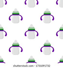 Illustration on theme colored kit baby milk in clear bottle with rubber pacifier. Baby milk bottle consisting of collection to newborn, good pacifier. Pacifier in milk bottle it baby care equipment.