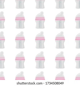 Ilustración sobre el kit de color temático leche para bebé en botella transparente con un pacificador de goma. Botella de leche de bebé que consiste en la recogida al recién nacido. biberón de leche, equipo de cuidado de bebés.