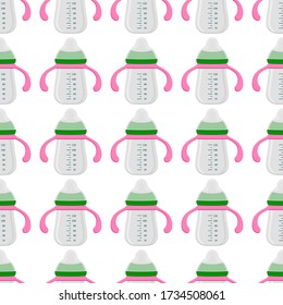 Illustration auf thematisch gefärbte Babymilch in Klarflasche mit Gummi Pazifik. Milchflasche für Säuglinge, bestehend aus der Sammlung an Neugeborene. Milch Flasche es Babypflegegerät.