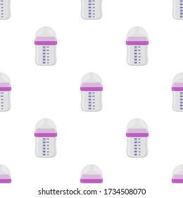 Illustration on theme colored kit baby milk in clear bottle with rubber pacifier. Baby milk bottle consisting of collection to newborn, good pacifier. Pacifier in milk bottle it baby care equipment.