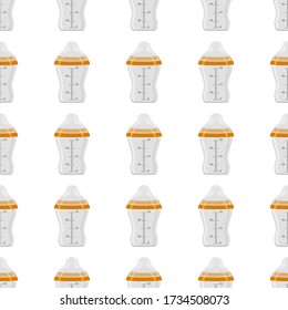 Illustration on theme colored kit baby milk in clear bottle with rubber pacifier. Baby milk bottle consisting of collection to newborn, good pacifier. Pacifier in milk bottle it baby care equipment.