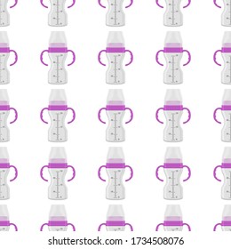 Illustration on theme colored kit baby milk in clear bottle with rubber pacifier. Baby milk bottle consisting of collection to newborn, good pacifier. Pacifier in milk bottle it baby care equipment.