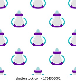 Ilustración sobre el kit de color temático leche para bebé en botella transparente con un pacificador de goma. Botella de leche de bebé que consiste en la recogida al recién nacido. biberón de leche, equipo de cuidado de bebés.