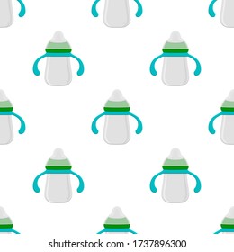 Illustration on theme colored kit baby milk in clear bottle with rubber pacifier. Baby milk bottle consisting of collection to newborn, good pacifier. Pacifier in milk bottle it baby care equipment.