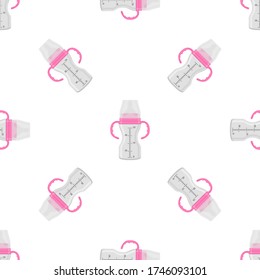 Illustration on theme colored kit baby milk in clear bottle with rubber pacifier. Baby milk bottle consisting of collection to newborn, good pacifier. Pacifier in milk bottle it baby care equipment.