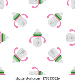 Ilustración sobre el kit de color temático leche para bebé en botella transparente con un pacificador de goma. Botella de leche de bebé que consiste en recolección para recién nacidos, buen pacificador. Pacificador en botellas de leche, equipo de cuidado de bebés.