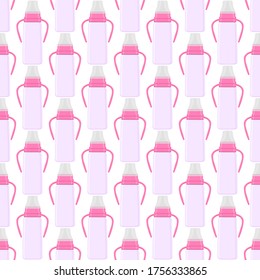 Illustration on theme colored kit baby milk in clear bottle with rubber pacifier. Baby milk bottle consisting of collection to newborn, good pacifier. Pacifier in milk bottle it baby care equipment.
