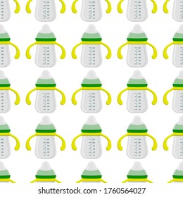Illustration on theme colored kit baby milk in clear bottle with rubber pacifier. Baby milk bottle consisting of collection to newborn, good pacifier. Pacifier in milk bottle it baby care equipment.