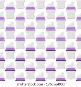 Ilustración sobre el kit de color temático leche para bebé en botella transparente con un pacificador de goma. Botella de leche de bebé que consiste en recolección para recién nacidos, buen pacificador. Pacificador en botellas de leche, equipo de cuidado de bebés.