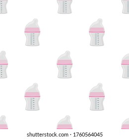 Illustration on theme colored kit baby milk in clear bottle with rubber pacifier. Baby milk bottle consisting of collection to newborn, good pacifier. Pacifier in milk bottle it baby care equipment.