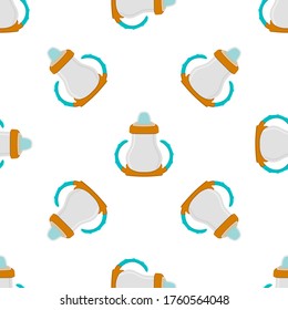 Ilustración sobre el kit de color temático leche para bebé en botella transparente con un pacificador de goma. Botella de leche de bebé que consiste en recolección para recién nacidos, buen pacificador. Pacificador en botellas de leche, equipo de cuidado de bebés.
