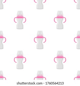 Ilustración sobre el kit de color temático leche para bebé en botella transparente con un pacificador de goma. Botella de leche de bebé que consiste en recolección para recién nacidos, buen pacificador. Pacificador en botellas de leche, equipo de cuidado de bebés.