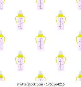 Illustration on theme colored kit baby milk in clear bottle with rubber pacifier. Baby milk bottle consisting of collection to newborn, good pacifier. Pacifier in milk bottle it baby care equipment.