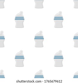 Illustration on theme colored kit baby milk in clear bottle with rubber pacifier. Baby milk bottle consisting of collection to newborn, good pacifier. Pacifier in milk bottle it baby care equipment.