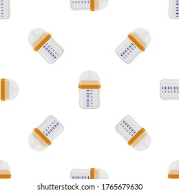 Illustration on theme colored kit baby milk in clear bottle with rubber pacifier. Baby milk bottle consisting of collection to newborn, good pacifier. Pacifier in milk bottle it baby care equipment.