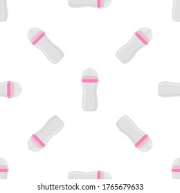 Illustration auf Thema bunte Kit Babymilch in klare Flasche mit Gummi-Pazifik. Babymilchflasche, bestehend aus der Sammlung bis zum Neugeborenen, guter Pazifik. Pazifischer in Milchflasche es Babypflegegerät.