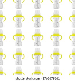Illustration on theme colored kit baby milk in clear bottle with rubber pacifier. Baby milk bottle consisting of collection to newborn, good pacifier. Pacifier in milk bottle it baby care equipment.