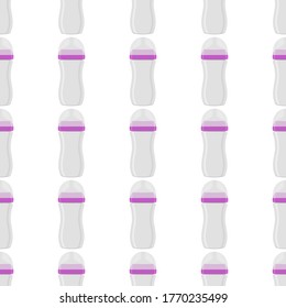 Ilustración sobre el kit de color temático leche para bebé en botella transparente con un pacificador de goma. Botella de leche de bebé que consiste en recolección para recién nacidos, buen pacificador. Pacificador en botellas de leche, equipo de cuidado de bebés.