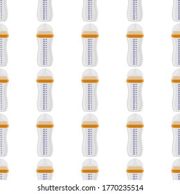 Illustration on theme colored kit baby milk in clear bottle with rubber pacifier. Baby milk bottle consisting of collection to newborn, good pacifier. Pacifier in milk bottle it baby care equipment.