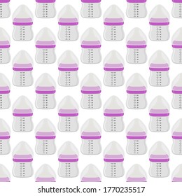 Ilustración sobre el kit de color temático leche para bebé en botella transparente con un pacificador de goma. Botella de leche de bebé que consiste en recolección para recién nacidos, buen pacificador. Pacificador en botellas de leche, equipo de cuidado de bebés.