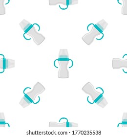 Illustration on theme colored kit baby milk in clear bottle with rubber pacifier. Baby milk bottle consisting of collection to newborn, good pacifier. Pacifier in milk bottle it baby care equipment.