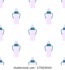 Illustration on theme colored kit baby milk in clear bottle with rubber pacifier. Baby milk bottle consisting of collection to newborn, good pacifier. Pacifier in milk bottle it baby care equipment.