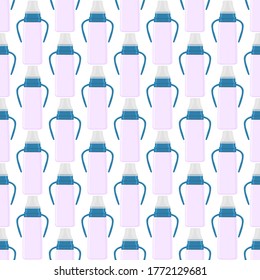 Illustration on theme colored kit baby milk in clear bottle with rubber pacifier. Baby milk bottle consisting of collection to newborn, good pacifier. Pacifier in milk bottle it baby care equipment.