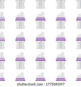 Ilustración sobre el kit de color temático leche para bebé en botella transparente con un pacificador de goma. Botella de leche de bebé que consiste en recolección para recién nacidos, buen pacificador. Pacificador en botellas de leche, equipo de cuidado de bebés.