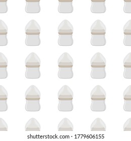 Ilustración sobre el kit de color temático leche para bebé en botella transparente con un pacificador de goma. Botella de leche de bebé que consiste en recolección para recién nacidos, buen pacificador. Pacificador en botellas de leche, equipo de cuidado de bebés.