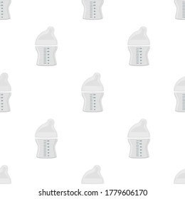 Ilustración sobre el kit de color temático leche para bebé en botella transparente con un pacificador de goma. Botella de leche de bebé que consiste en recolección para recién nacidos, buen pacificador. Pacificador en botellas de leche, equipo de cuidado de bebés.