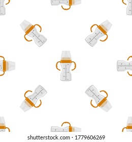 Ilustración sobre el kit de color temático leche para bebé en botella transparente con un pacificador de goma. Botella de leche de bebé que consiste en recolección para recién nacidos, buen pacificador. Pacificador en botellas de leche, equipo de cuidado de bebés.