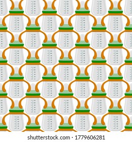 Ilustración sobre el kit de color temático leche para bebé en botella transparente con un pacificador de goma. Botella de leche de bebé que consiste en recolección para recién nacidos, buen pacificador. Pacificador en botellas de leche, equipo de cuidado de bebés.