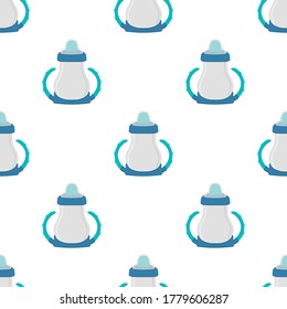 Illustration auf Thema bunte Kit Babymilch in klare Flasche mit Gummi-Pazifik. Babymilchflasche, bestehend aus der Sammlung bis zum Neugeborenen, guter Pazifik. Pazifischer in Milchflasche es Babypflegegerät.