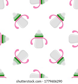 Illustration on theme colored kit baby milk in clear bottle with rubber pacifier. Baby milk bottle consisting of collection to newborn, good pacifier. Pacifier in milk bottle it baby care equipment.