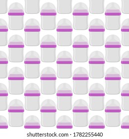 Illustration on theme colored kit baby milk in clear bottle with rubber pacifier. Baby milk bottle consisting of collection to newborn, good pacifier. Pacifier in milk bottle it baby care equipment.