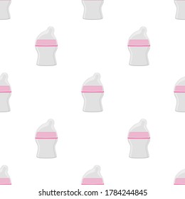 Illustration on theme colored kit baby milk in clear bottle with rubber pacifier. Baby milk bottle consisting of collection to newborn, good pacifier. Pacifier in milk bottle it baby care equipment.