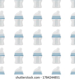 Illustration on theme colored kit baby milk in clear bottle with rubber pacifier. Baby milk bottle consisting of collection to newborn, good pacifier. Pacifier in milk bottle it baby care equipment.