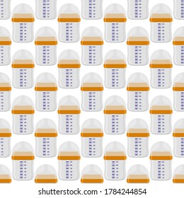 Illustration on theme colored kit baby milk in clear bottle with rubber pacifier. Baby milk bottle consisting of collection to newborn, good pacifier. Pacifier in milk bottle it baby care equipment.