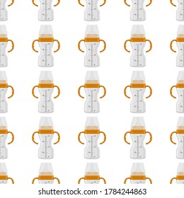 Ilustración sobre el kit de color temático leche para bebé en botella transparente con un pacificador de goma. Botella de leche de bebé que consiste en recolección para recién nacidos, buen pacificador. Pacificador en botellas de leche, equipo de cuidado de bebés.