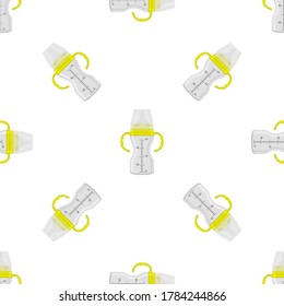 Ilustración sobre el kit de color temático leche para bebé en botella transparente con un pacificador de goma. Botella de leche de bebé que consiste en recolección para recién nacidos, buen pacificador. Pacificador en botellas de leche, equipo de cuidado de bebés.