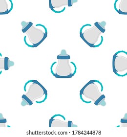 Ilustración sobre el kit de color temático leche para bebé en botella transparente con un pacificador de goma. Botella de leche de bebé que consiste en recolección para recién nacidos, buen pacificador. Pacificador en botellas de leche, equipo de cuidado de bebés.