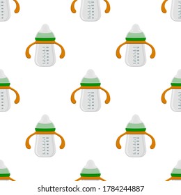 Illustration on theme colored kit baby milk in clear bottle with rubber pacifier. Baby milk bottle consisting of collection to newborn, good pacifier. Pacifier in milk bottle it baby care equipment.