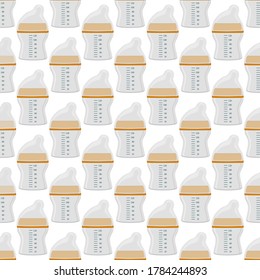 Ilustración sobre el kit de color temático leche para bebé en botella transparente con un pacificador de goma. Botella de leche de bebé que consiste en recolección para recién nacidos, buen pacificador. Pacificador en botellas de leche, equipo de cuidado de bebés.