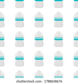 Illustration auf Thema bunte Kit Babymilch in klare Flasche mit Gummi-Pazifik. Babymilchflasche, bestehend aus der Sammlung bis zum Neugeborenen, guter Pazifik. Pazifischer in Milchflasche es Babypflegegerät.