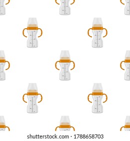 Illustration on theme colored kit baby milk in clear bottle with rubber pacifier. Baby milk bottle consisting of collection to newborn, good pacifier. Pacifier in milk bottle it baby care equipment.